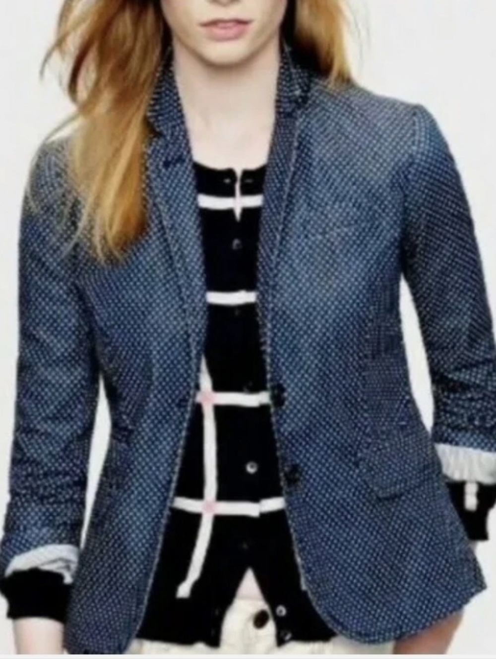 J. CREW Schoolboy Indigo Blue White Polka Dot Cotton Button Blazer Jacket SZ 4